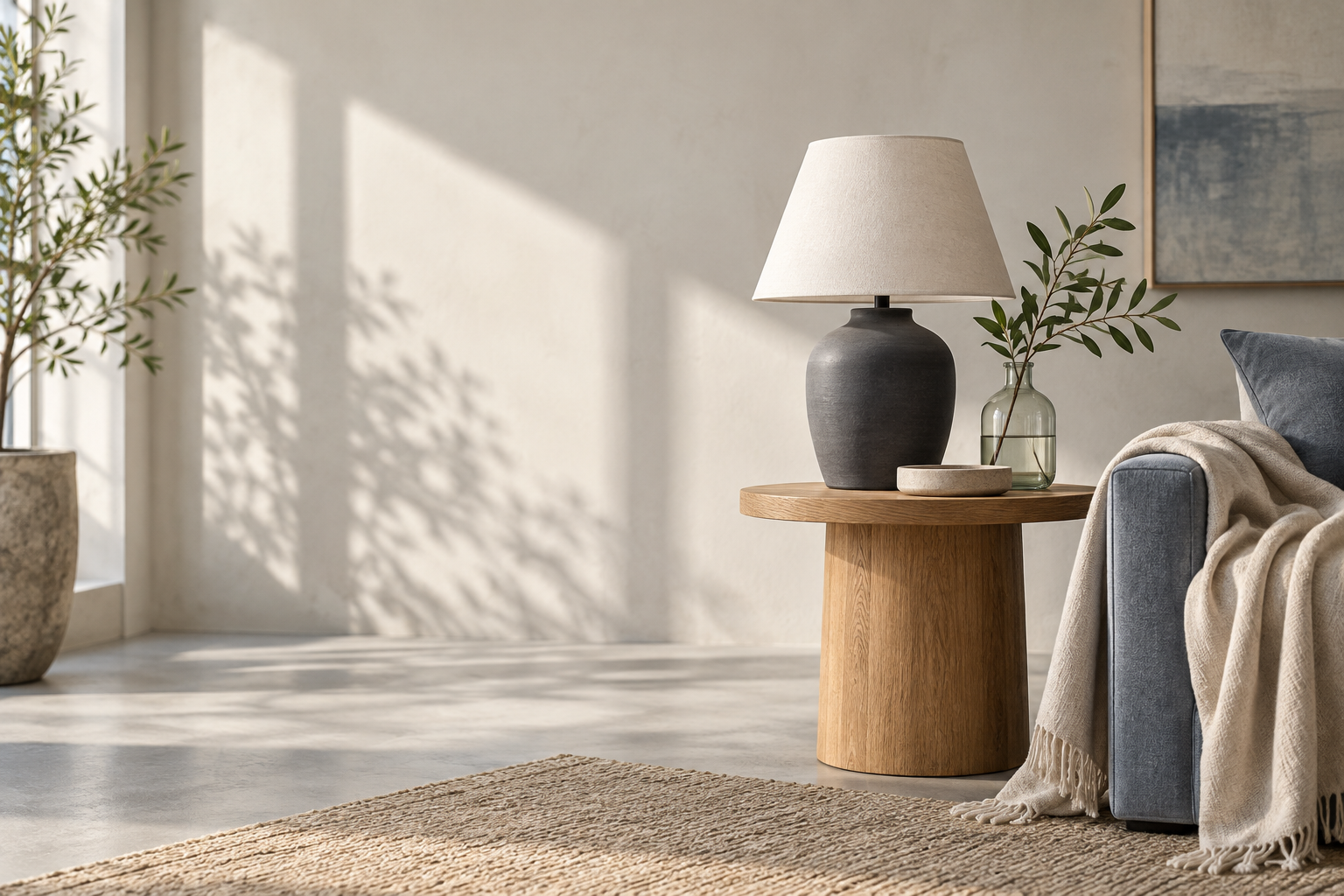 Ceramic lamp, oak side table and linen throw in a sunlit interior
